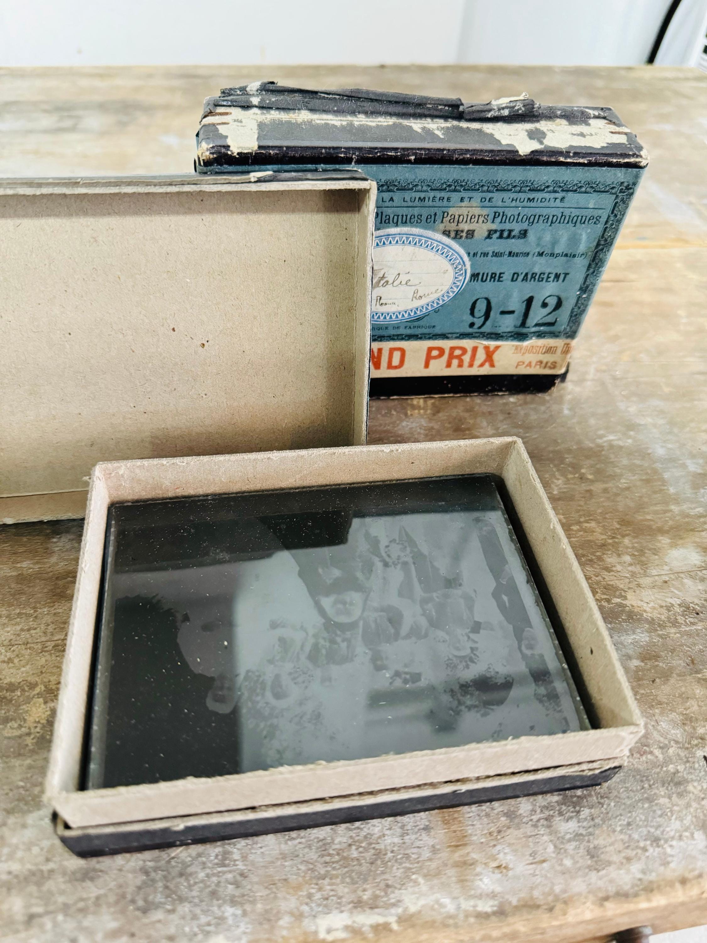 Box of Vintage French Misc. Glass Negatives – Bleu 32 Vintage