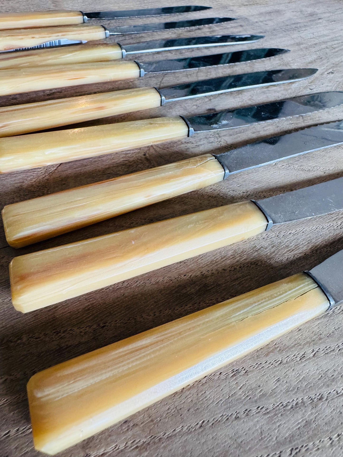 Vintage Bakelite Handle French Steak Knives – Set of 9, Butterscotch Marbled Handles