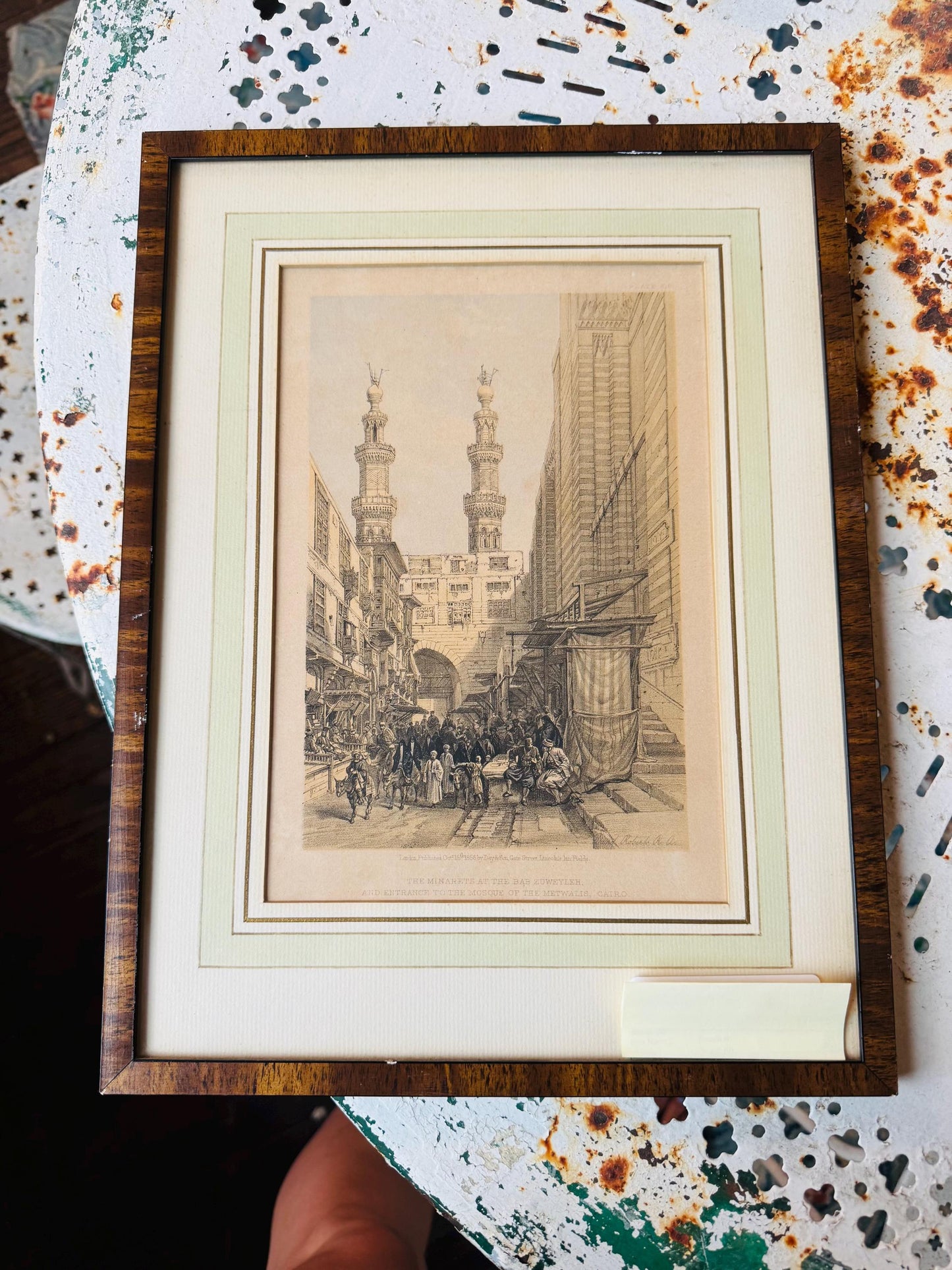 Antique 1856 Framed Print – The Minarets at the Bab Zuweyleh and Entrance to the Mosque of the Metwalis, Cairo.