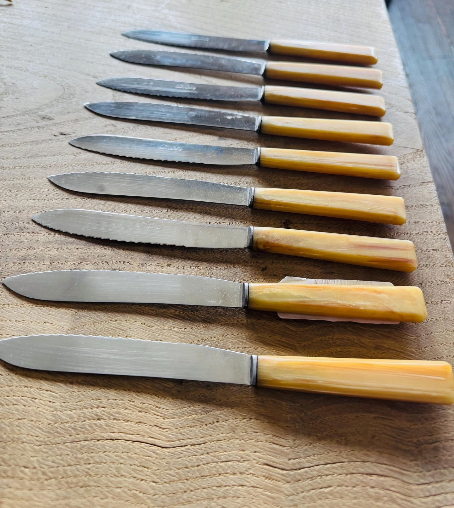 Vintage Bakelite Handle French Steak Knives – Set of 9, Butterscotch Marbled Handles