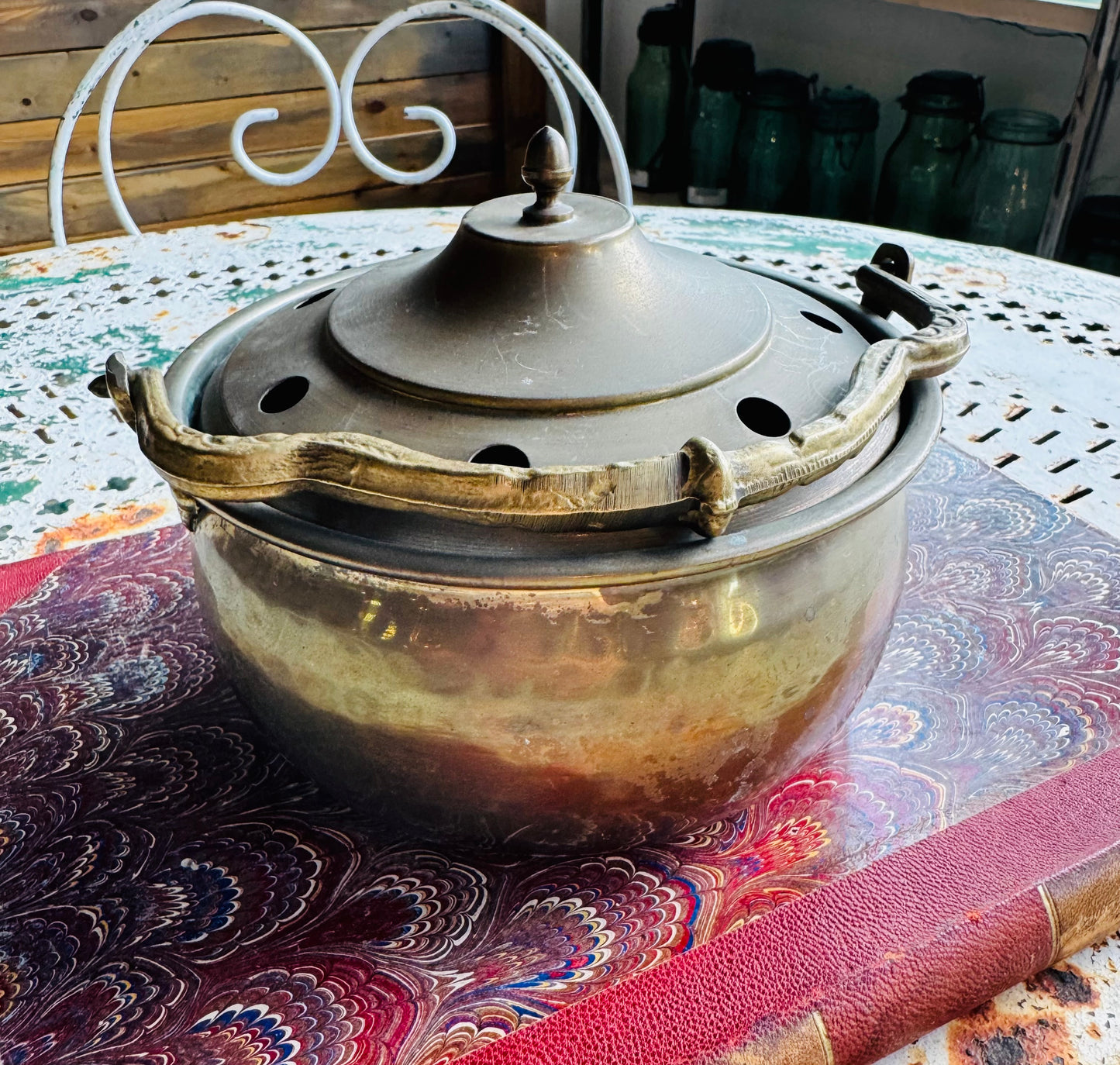 Antique Brass French Cauldron Pot with Ornate Handle | Primitive Copper Kettle