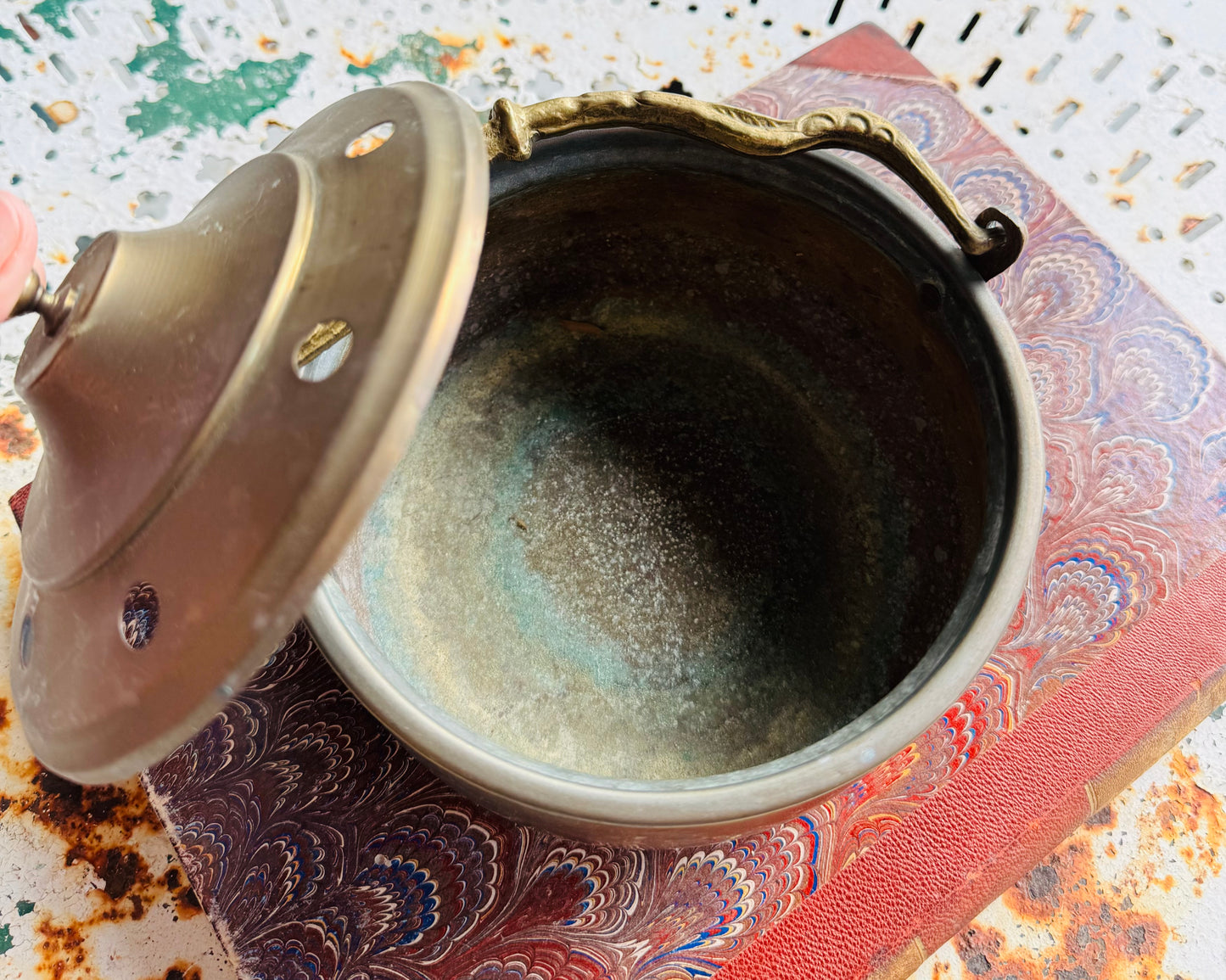 Antique Brass French Cauldron Pot with Ornate Handle | Primitive Copper Kettle