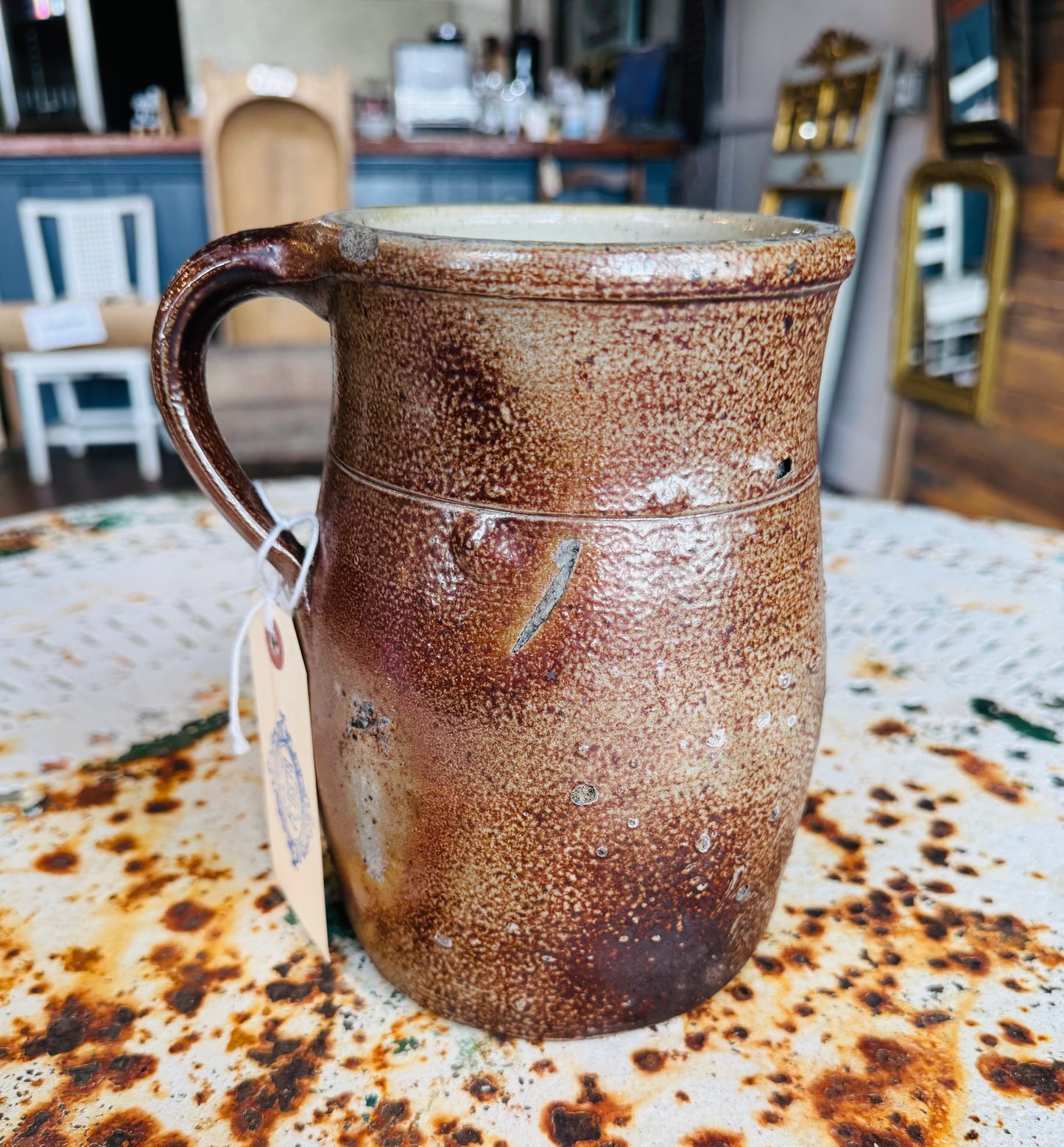Antique Stoneware Jug – Rustic 1800s Salt Glaze Pitcher with Handle