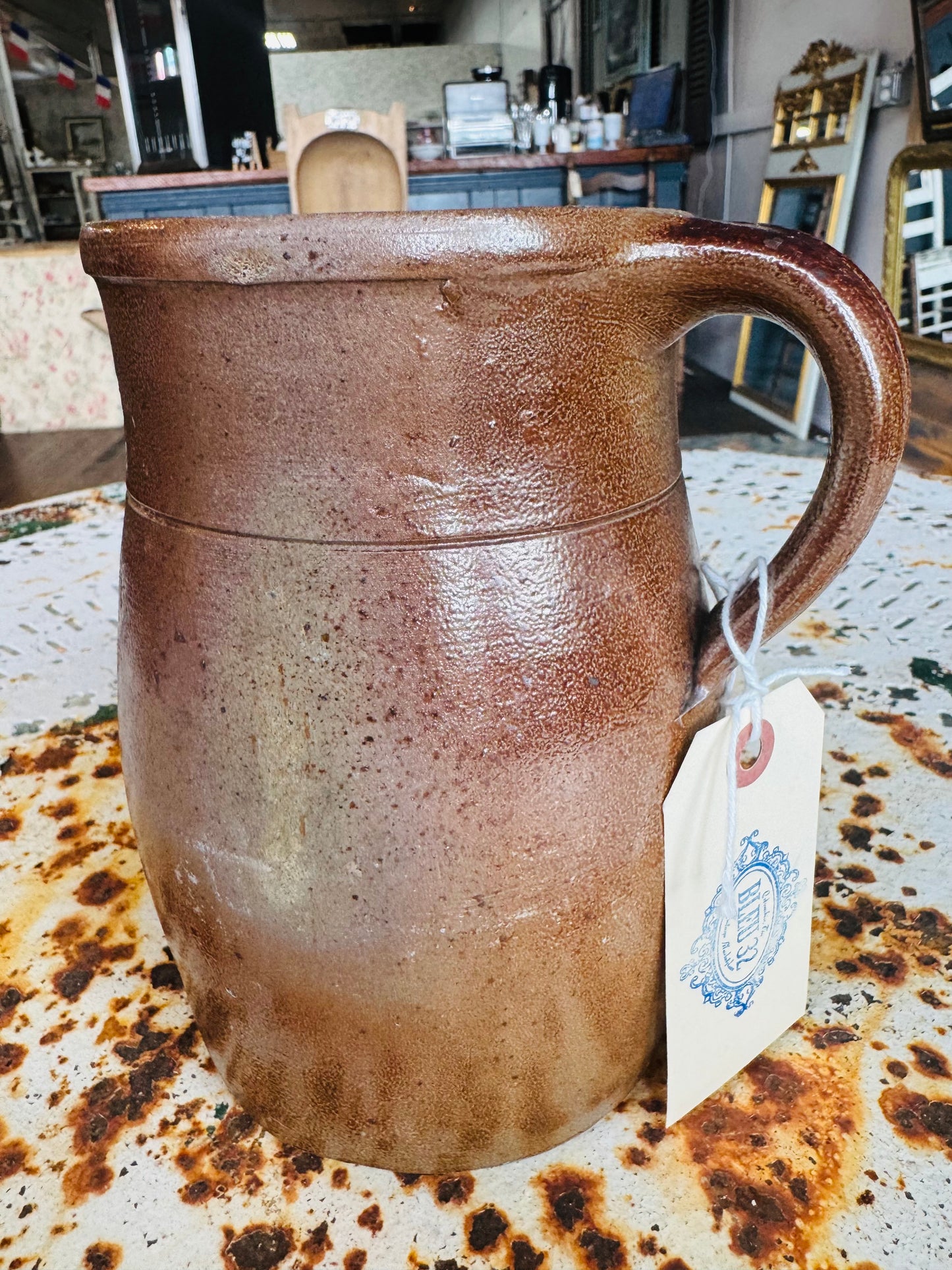 Antique Stoneware Jug – Rustic 1800s Salt Glaze Pitcher with Handle