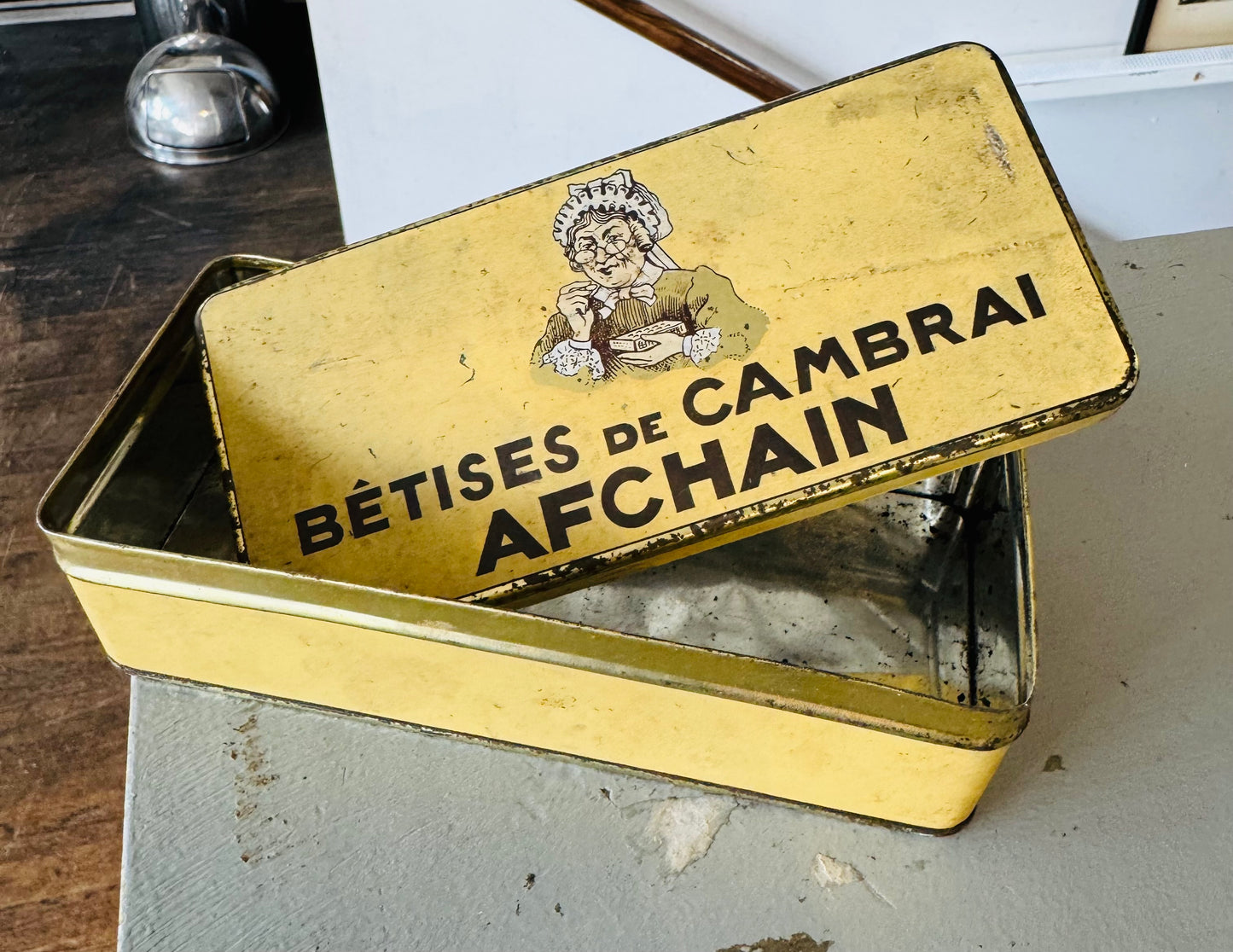 Vintage French Bêtises de Cambrai Candy Tin – Afchain Yellow Advertising Box
