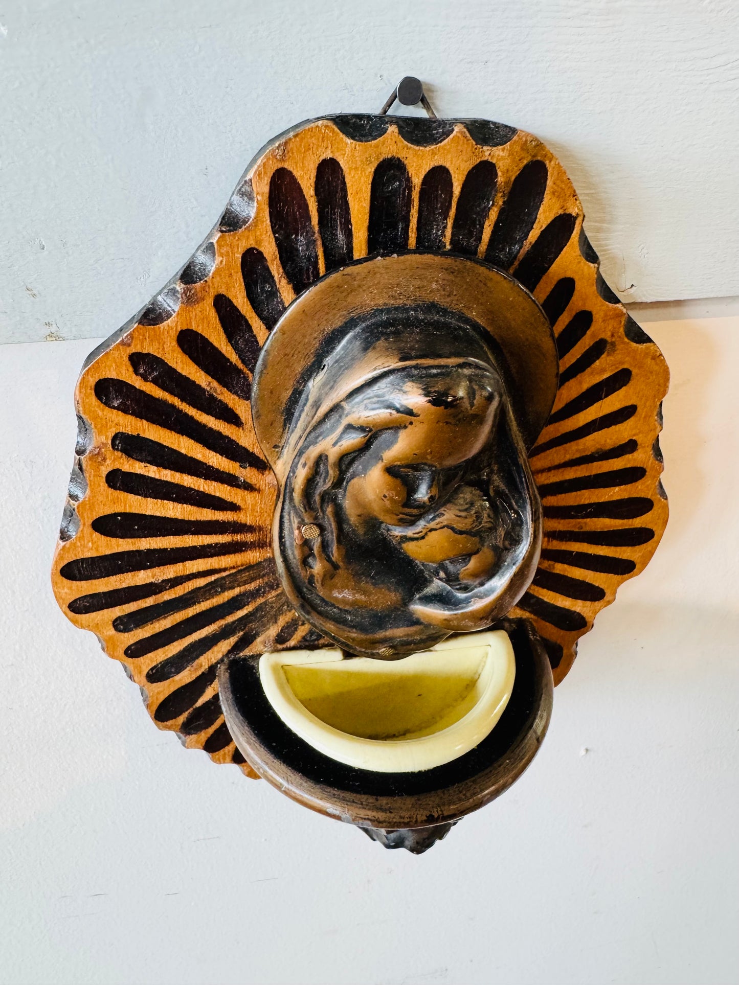 Vintage French Oak Holy Water Font – Madonna and Child Wall Hanging Benitier