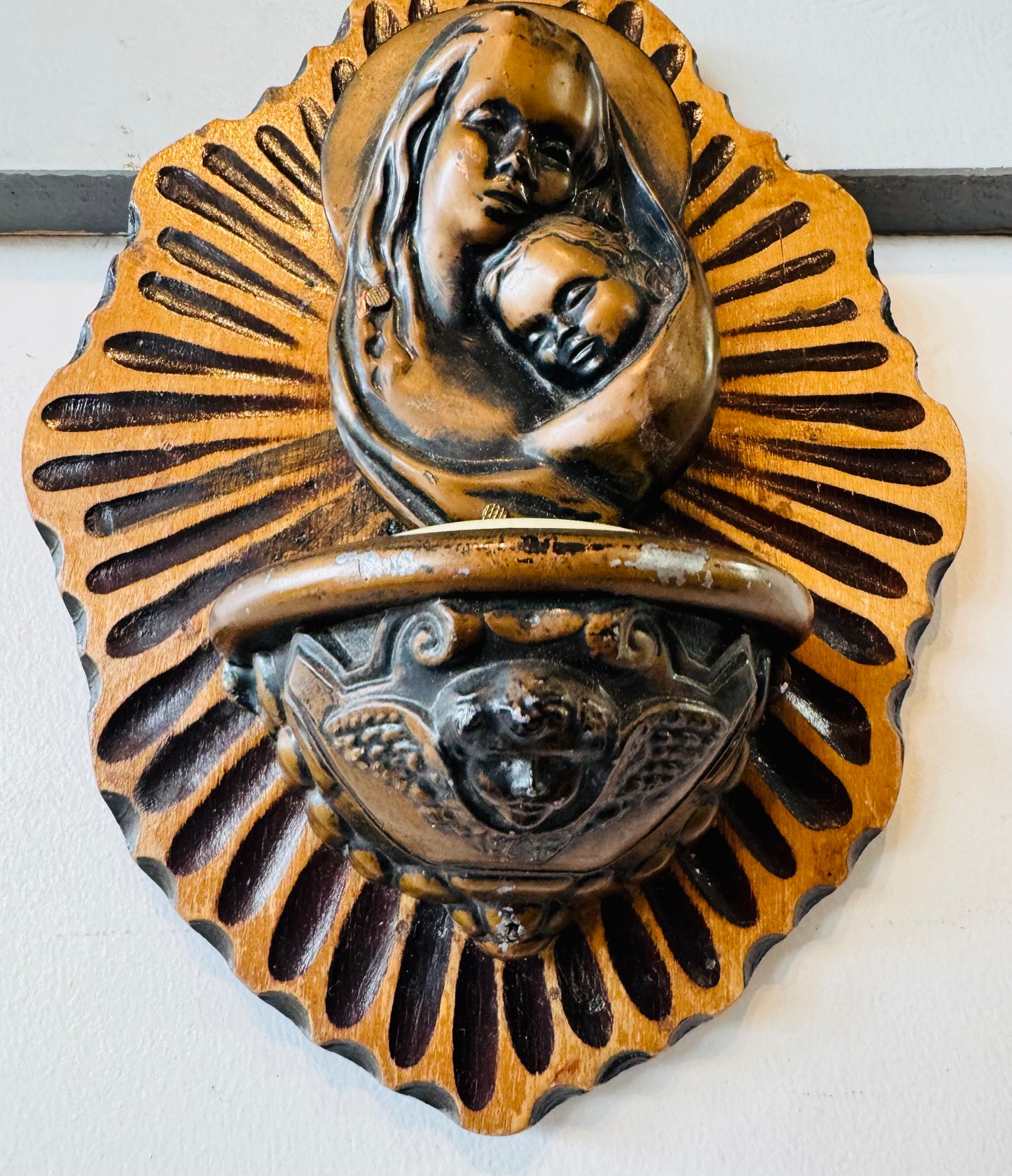 Vintage French Oak Holy Water Font – Madonna and Child Wall Hanging Benitier