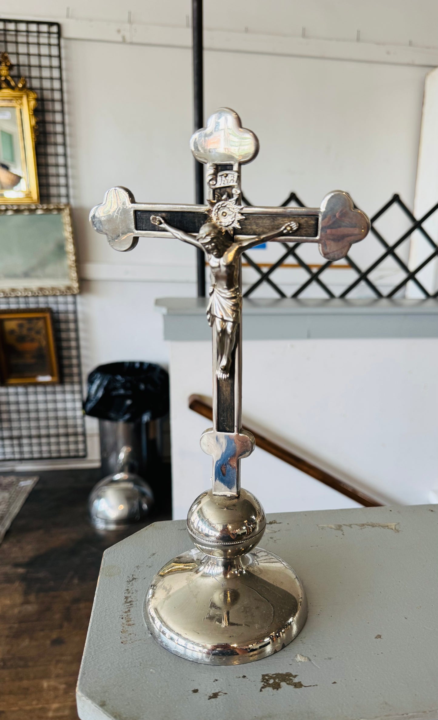 Vintage Wood Wall Crucifix with Brass Jesus Figure | Religious Christian Wall Cross | INRI Catholic Icon