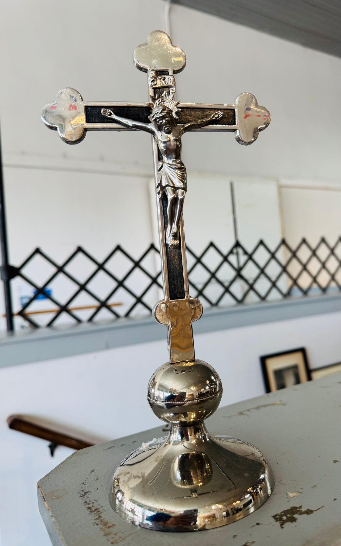 Vintage Wood Wall Crucifix with Brass Jesus Figure | Religious Christian Wall Cross | INRI Catholic Icon