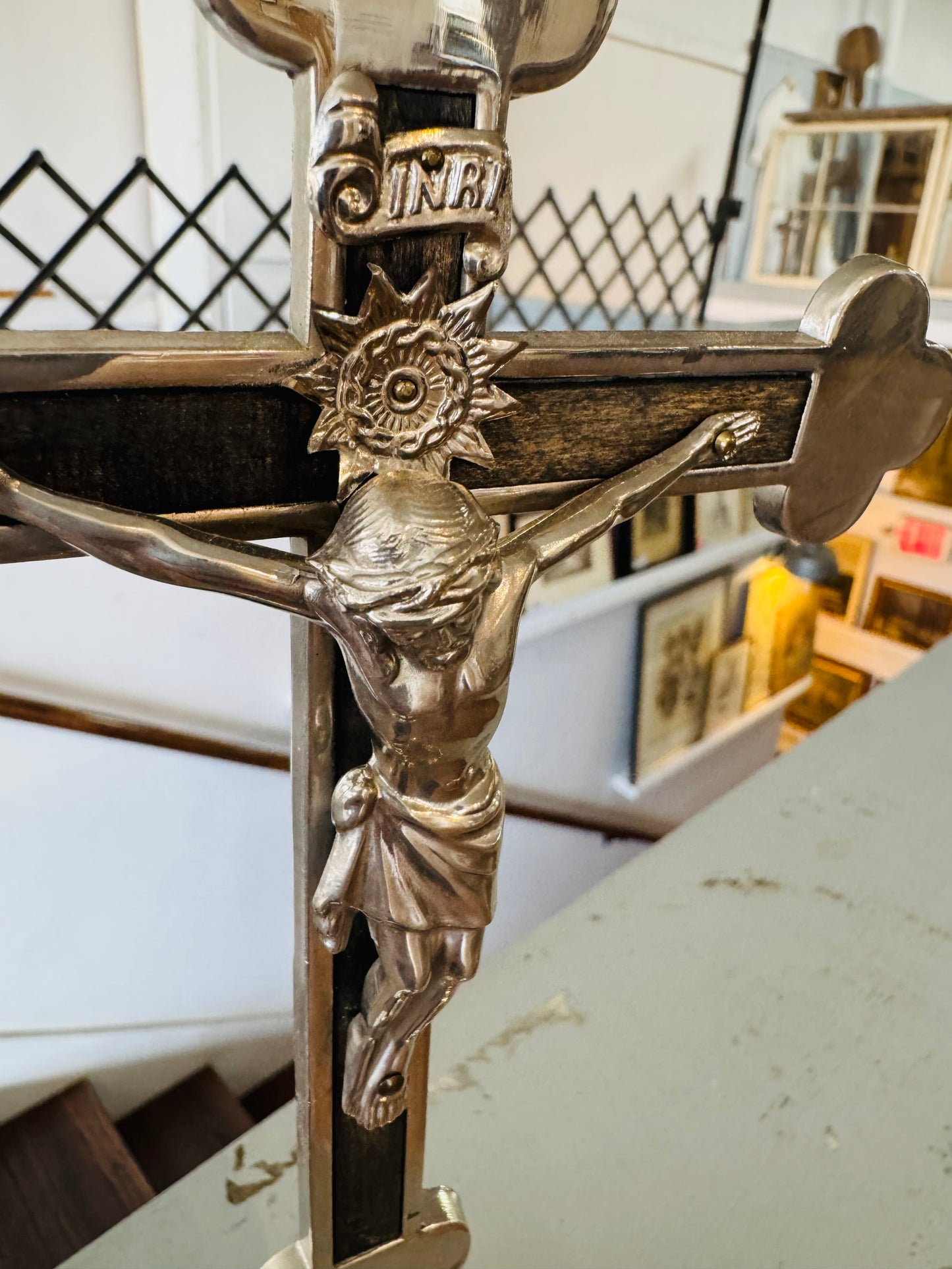Vintage Wood Wall Crucifix with Brass Jesus Figure | Religious Christian Wall Cross | INRI Catholic Icon
