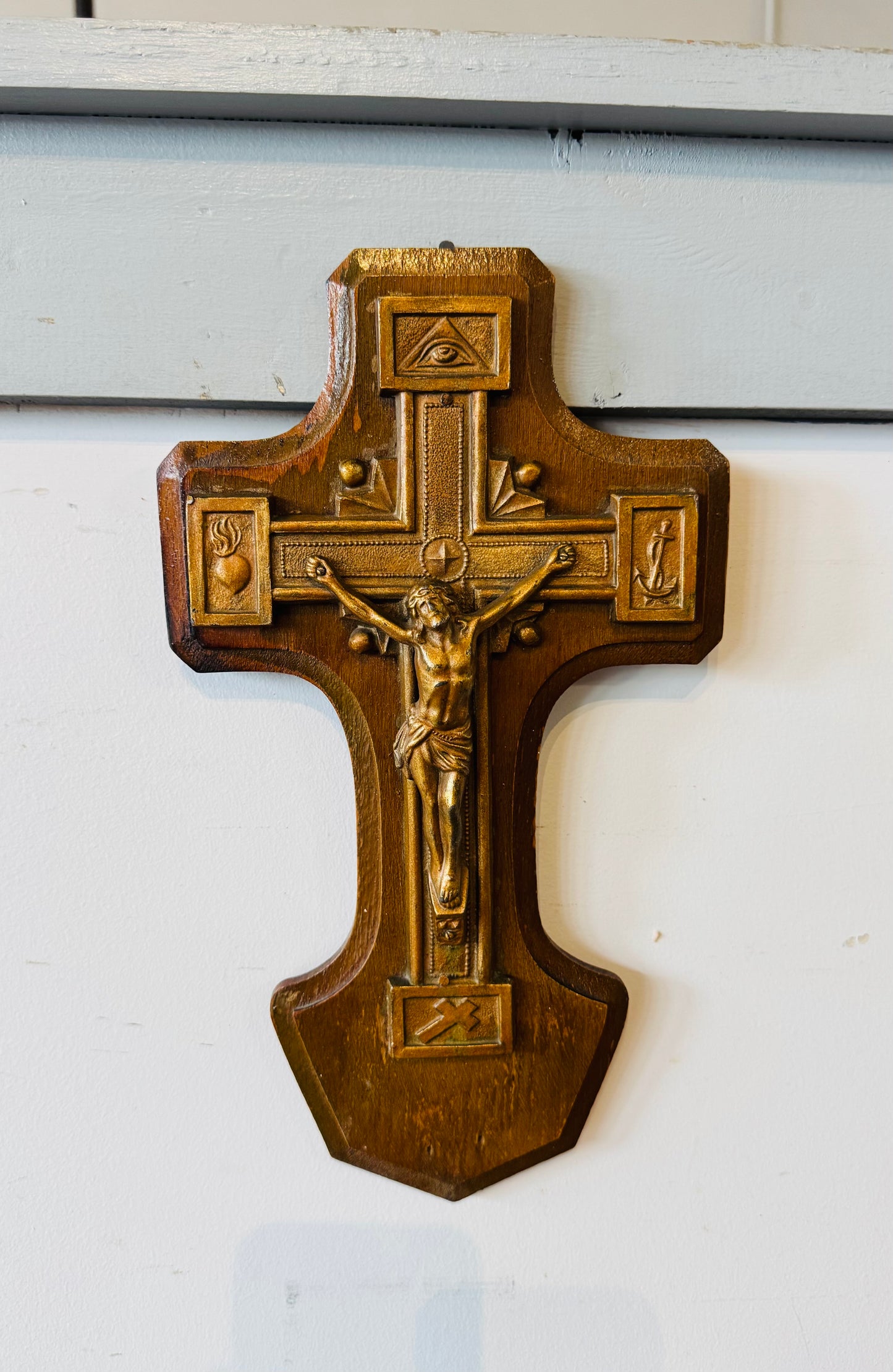 Vintage Wooden Crucifix Wall Plaque – Carved Symbols of Faith, Eye of Providence, Anchor & Sacred Heart – Religious Christian Wall Cross