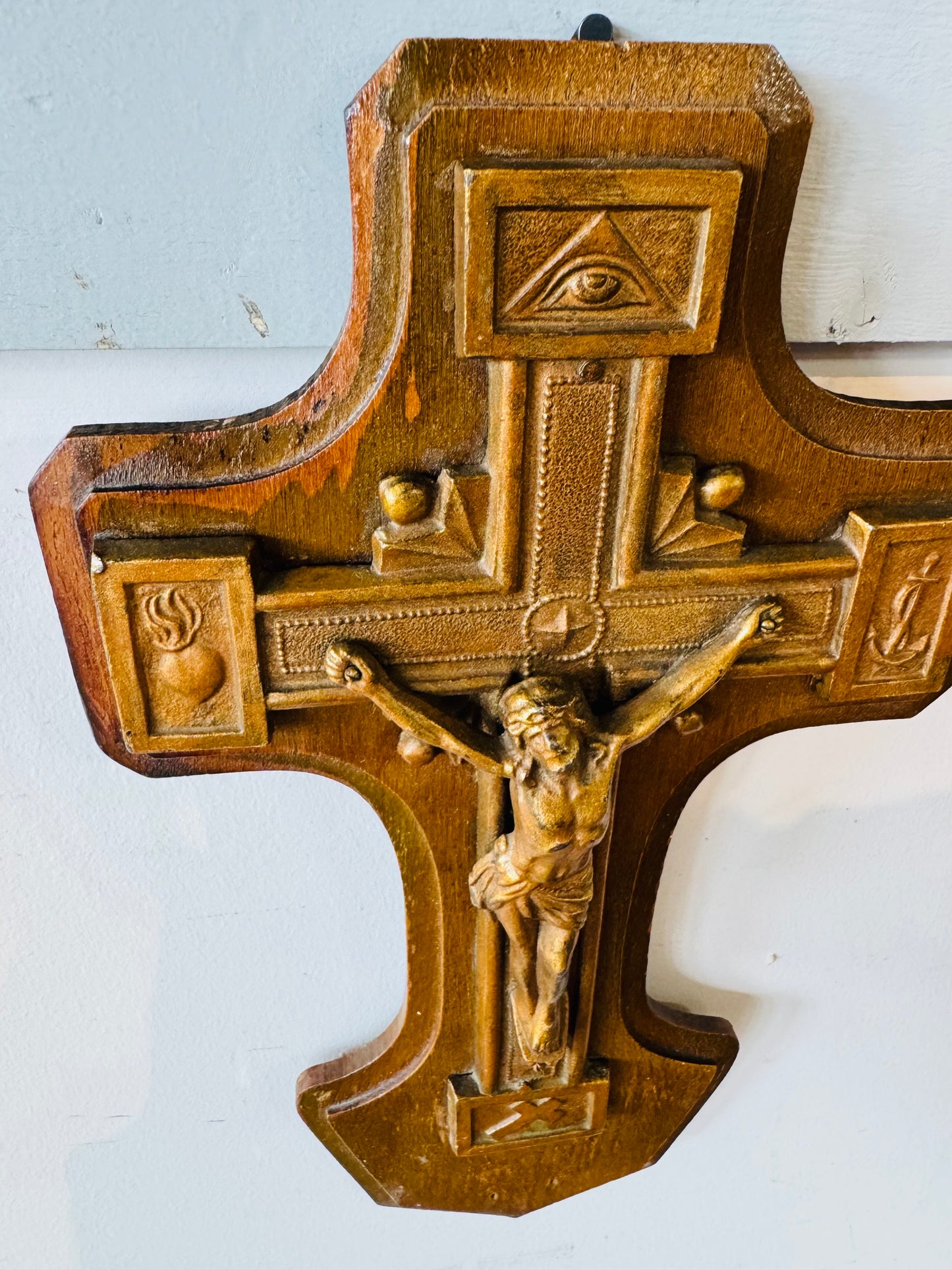 Vintage Wooden Crucifix Wall Plaque – Carved Symbols of Faith, Eye of Providence, Anchor & Sacred Heart – Religious Christian Wall Cross