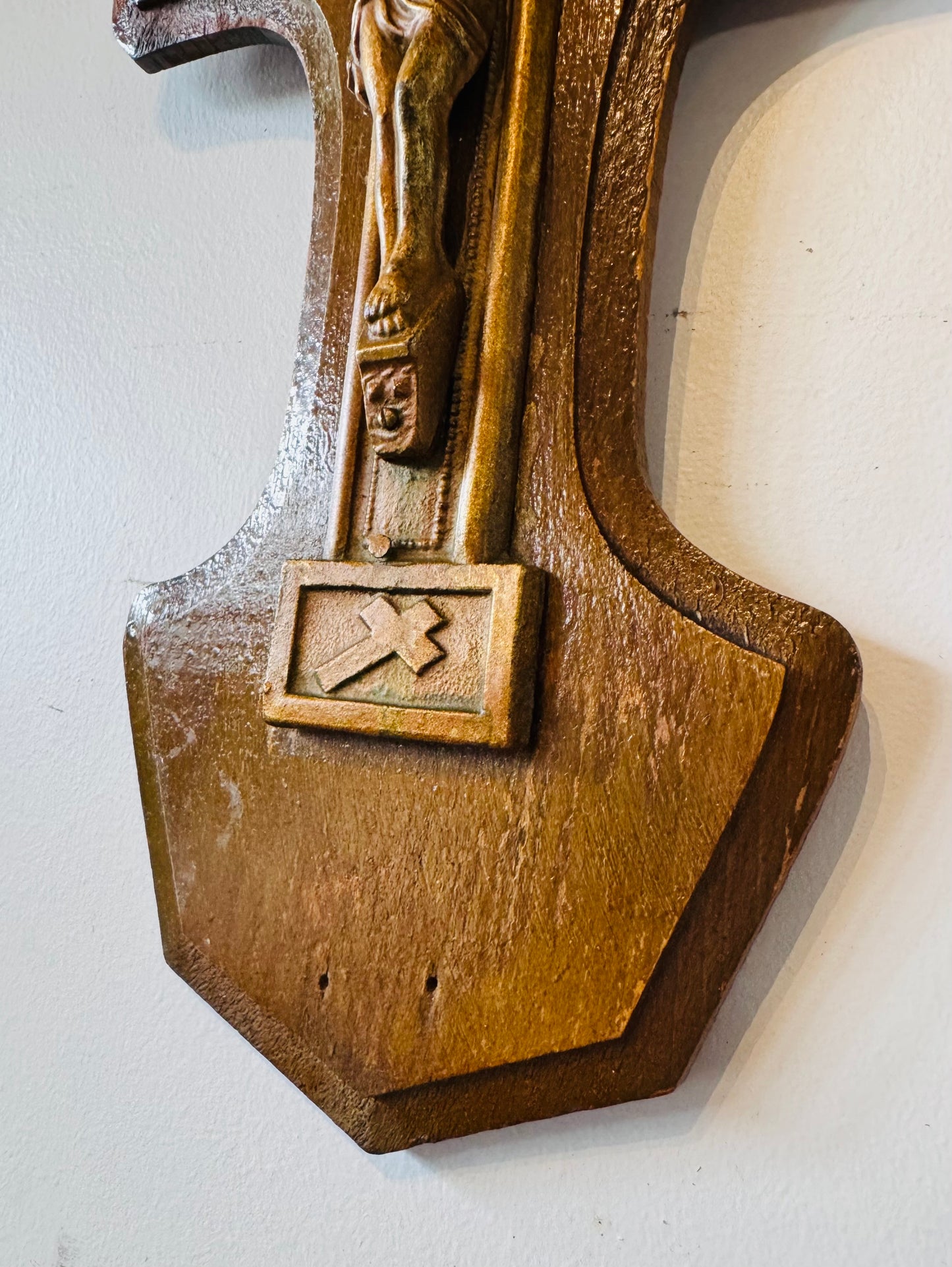 Vintage Wooden Crucifix Wall Plaque – Carved Symbols of Faith, Eye of Providence, Anchor & Sacred Heart – Religious Christian Wall Cross
