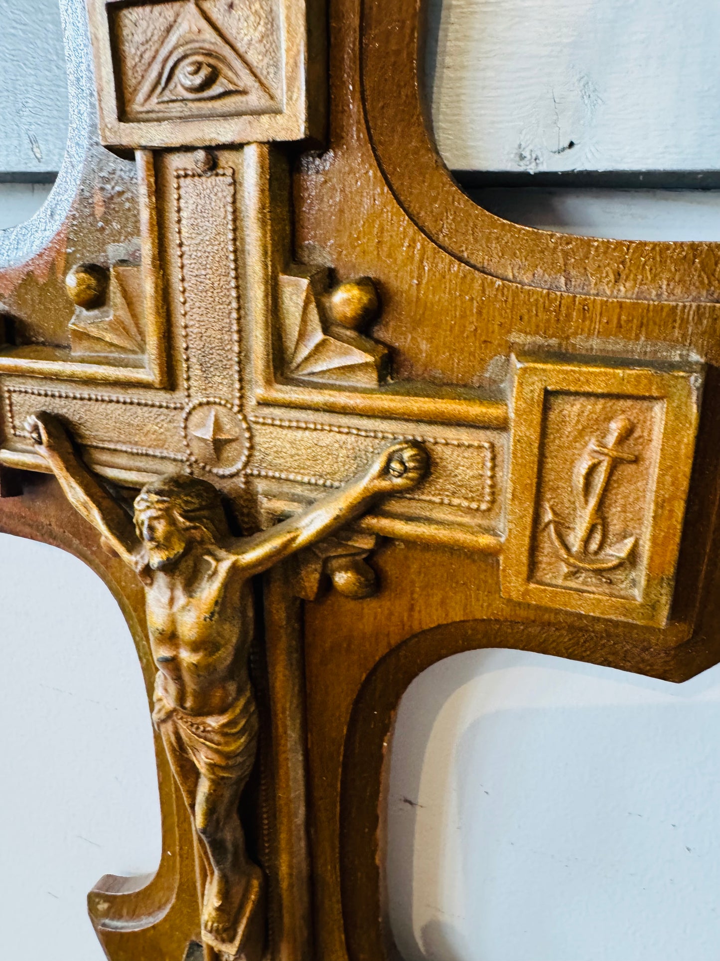 Vintage Wooden Crucifix Wall Plaque – Carved Symbols of Faith, Eye of Providence, Anchor & Sacred Heart – Religious Christian Wall Cross