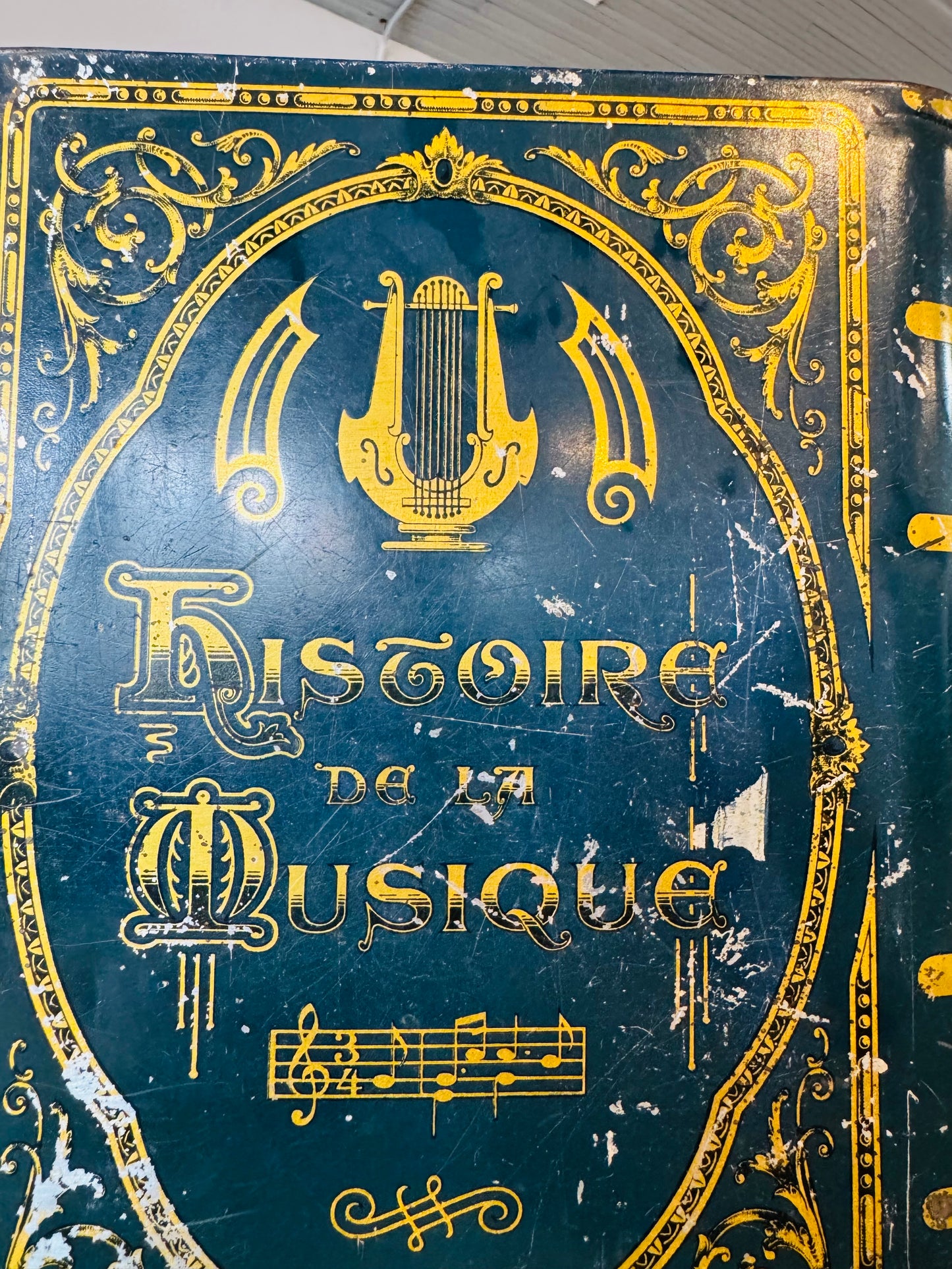 Antique “Histoire de la Musique” Book-Shaped Metal Box – French Tin Litho Jewelry or Document Box – Ornate Gold Interior