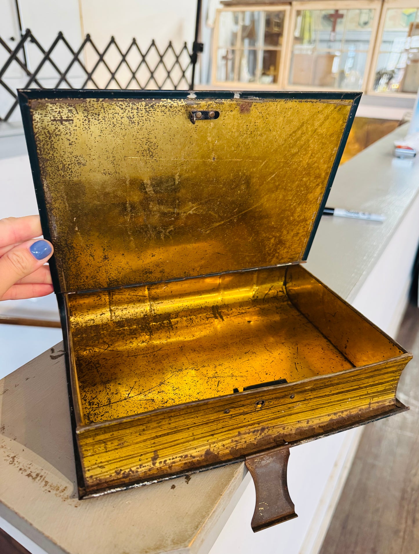 Antique “Histoire de la Musique” Book-Shaped Metal Box – French Tin Litho Jewelry or Document Box – Ornate Gold Interior