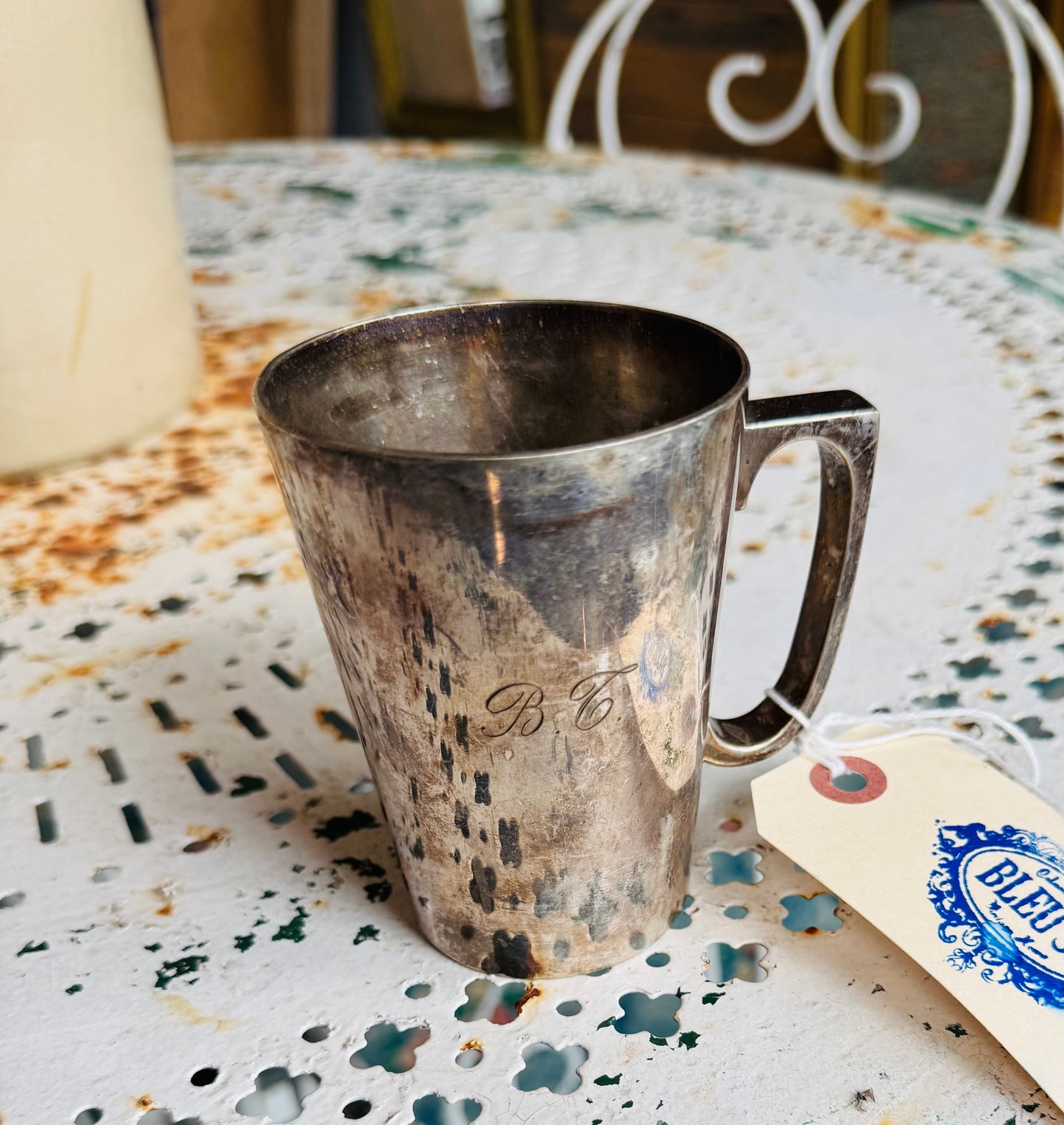 Vintage Silver-Plated Tankard Mug – WMF Ikora Germany – Monogrammed “B T” – Patina Finish – Collectible Barware