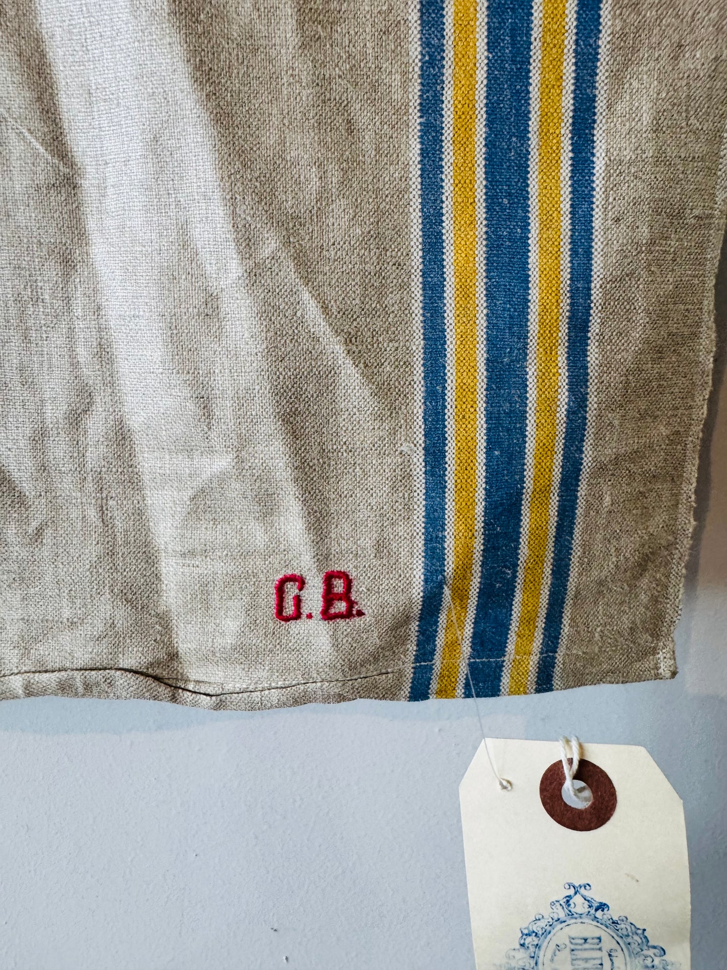 Antique French Linen Grain Sack – Blue & Yellow Stripes with “G.B.” Monogram – Farmhouse Rustic Fabric