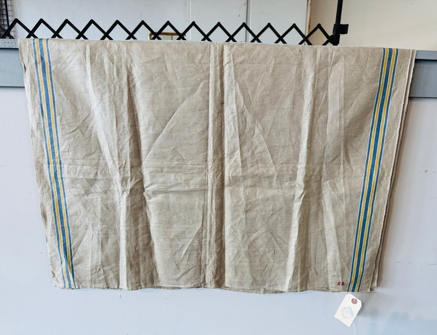 Antique French Linen Grain Sack – Blue & Yellow Stripes with “G.B.” Monogram – Farmhouse Rustic Fabric