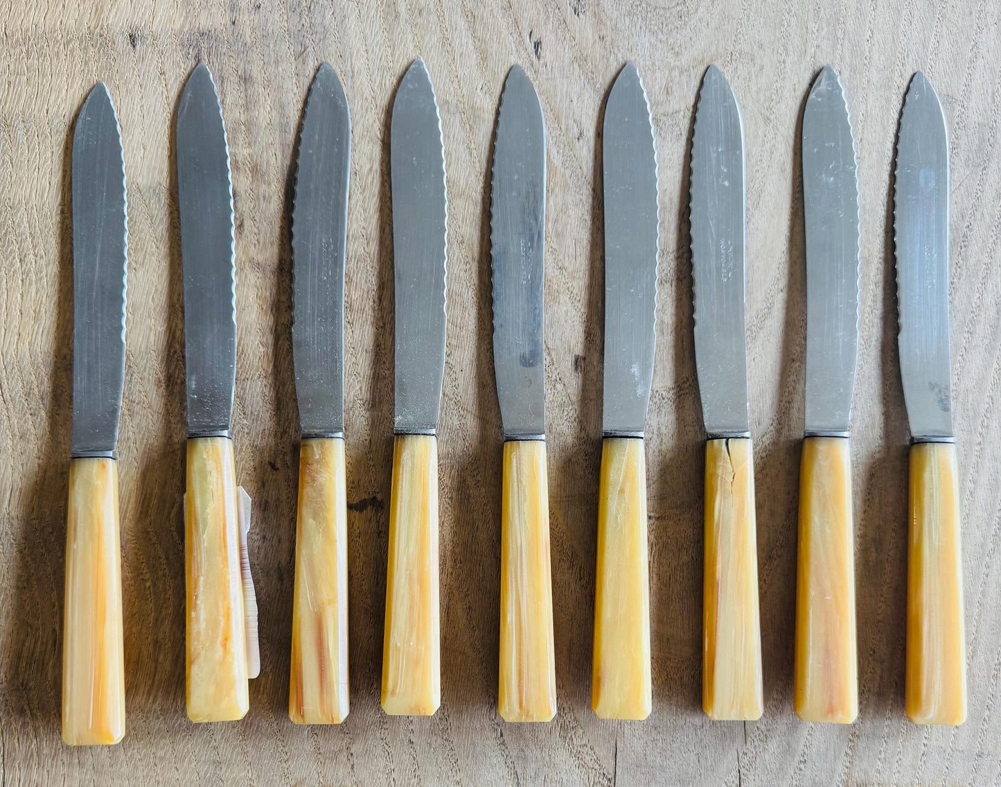Vintage Bakelite Handle French Steak Knives – Set of 9, Butterscotch Marbled Handles