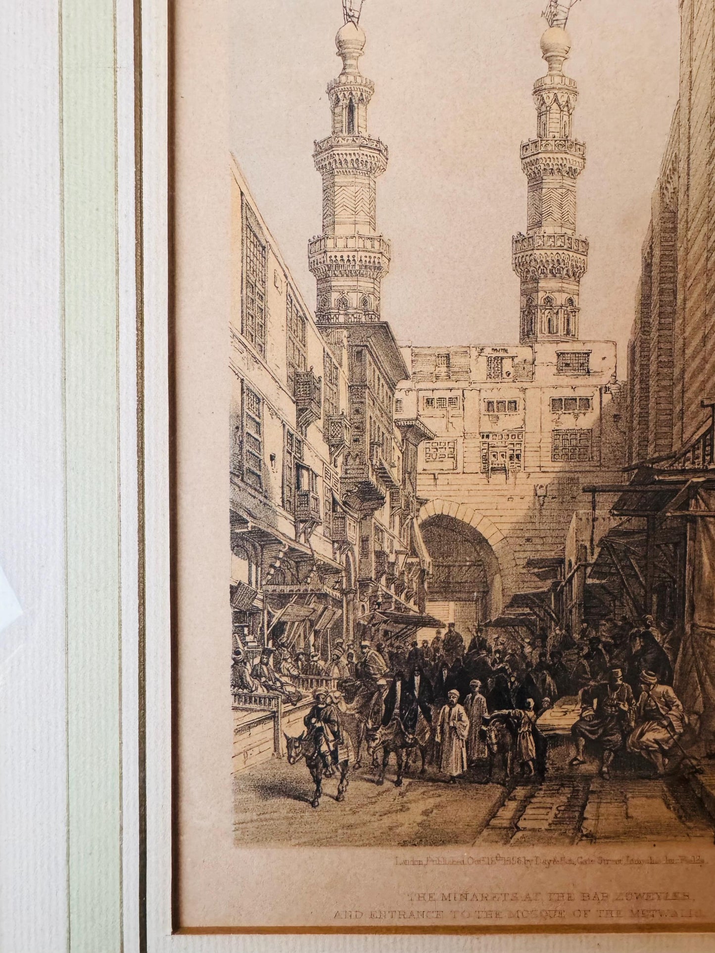 Antique 1856 Framed Print – The Minarets at the Bab Zuweyleh and Entrance to the Mosque of the Metwalis, Cairo.