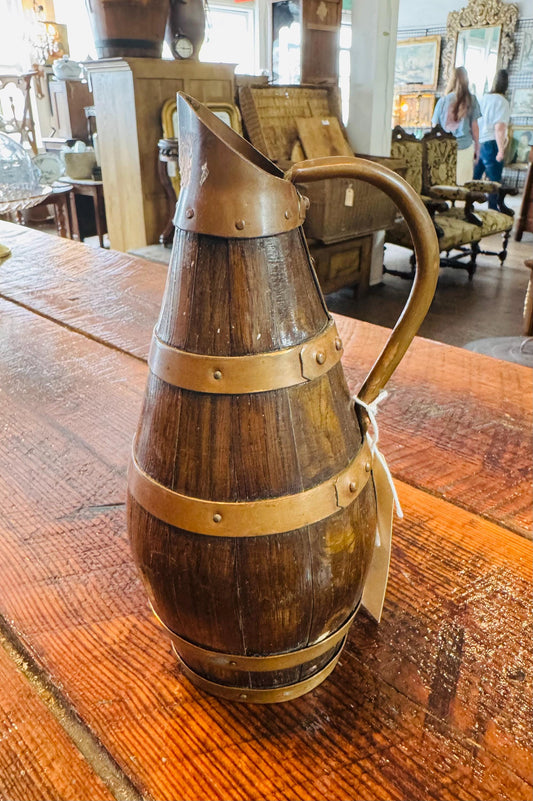 Antique Wooden and Copper French Wine Pitcher