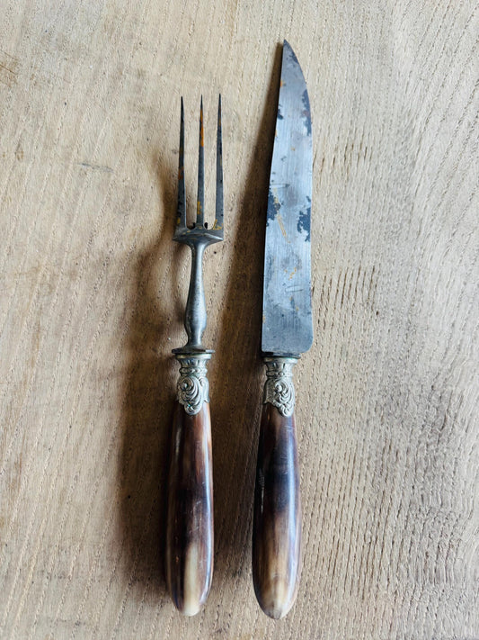 Antique French Bakelite Carving Knife & Fork Set – Faux Horn Handles