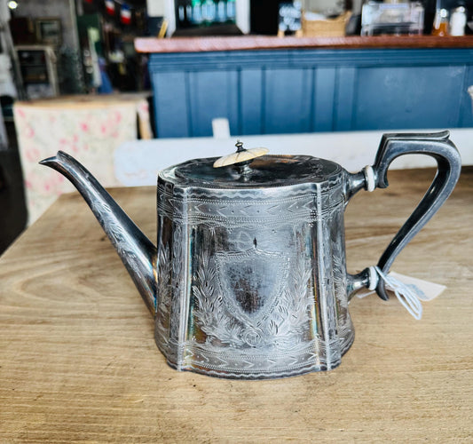 Antique Silverplate Teapot | Etched Victorian Teapot with Bone Finial and Shield Motif