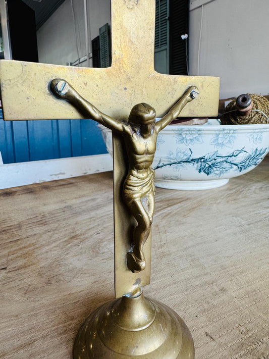 Vintage French Brass Standing Crucifix