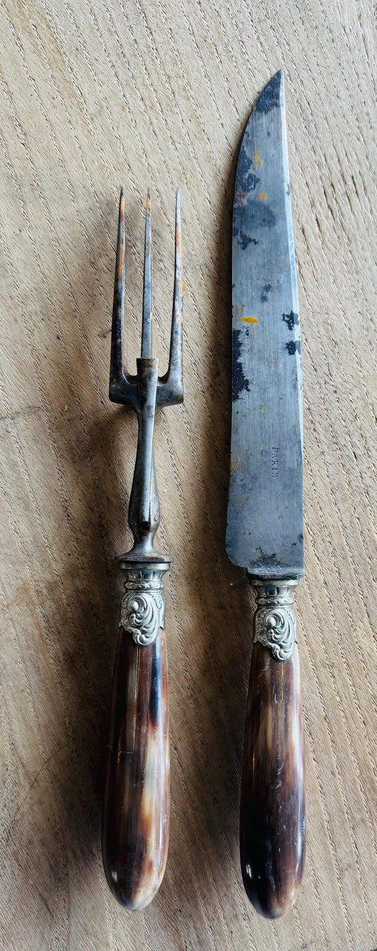 Antique French Bakelite Carving Knife & Fork Set – Faux Horn Handles