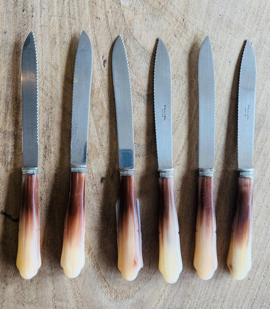 Vintage French Pradel Bakelite Steak Knives – Set of 6 Faux Horn Handles