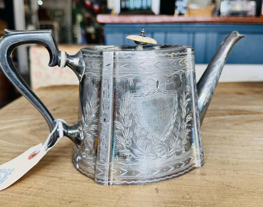 Antique Silverplate Teapot | Etched Victorian Teapot with Bone Finial and Shield Motif