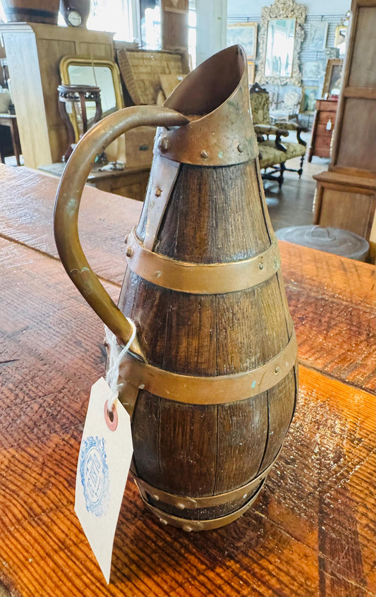 Antique Wooden and Copper French Wine Pitcher