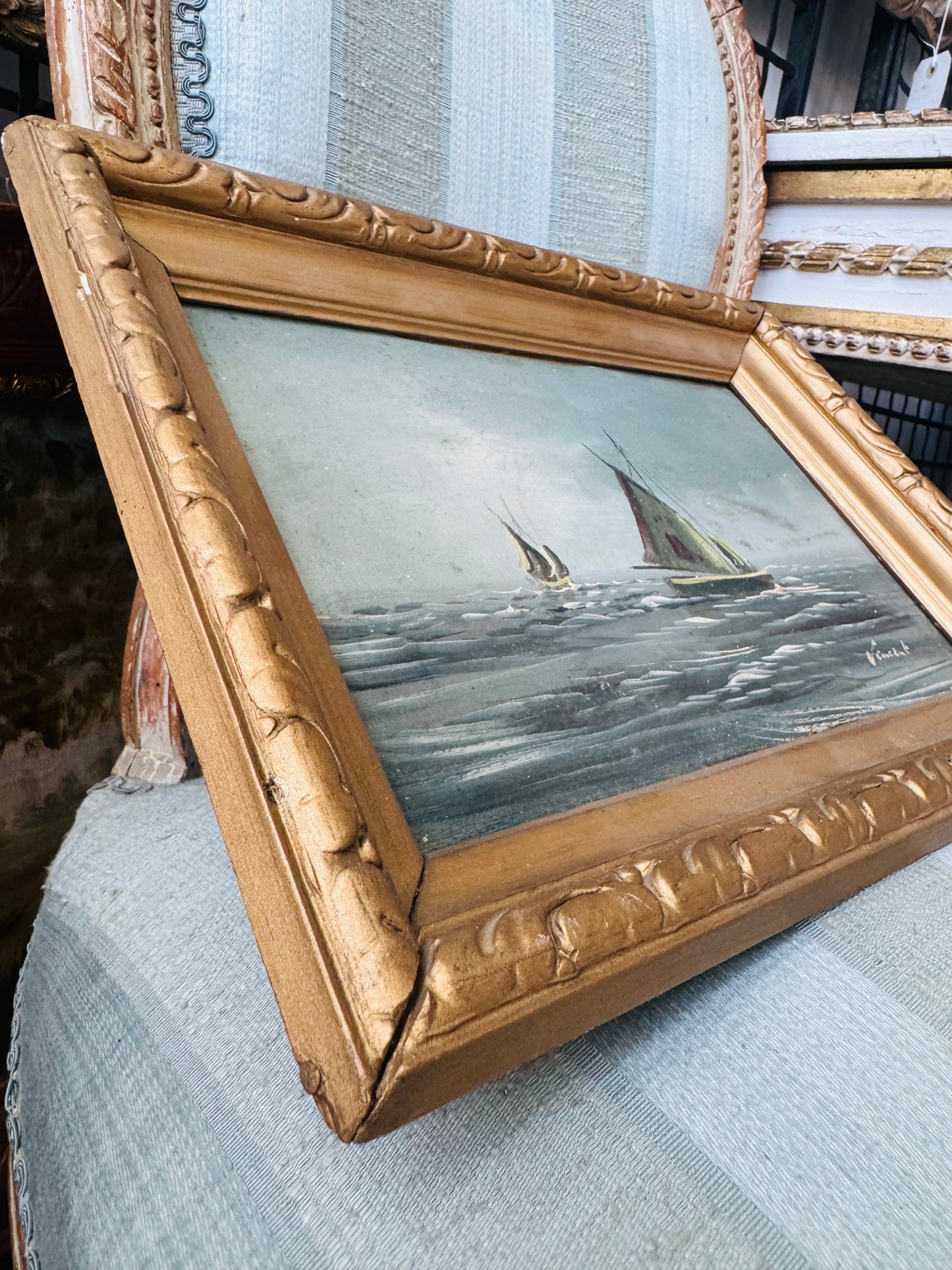 Vintage French Nautical Seascape Signed Oil Painting