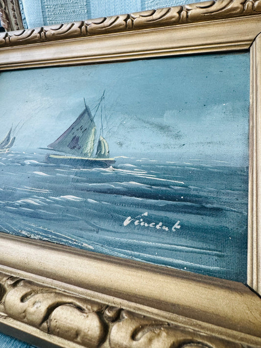 Vintage French Nautical Seascape Signed Oil Painting