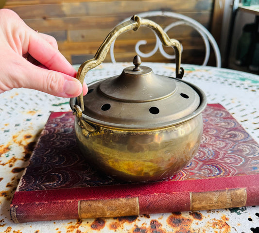 Antique Brass French Cauldron Pot with Ornate Handle | Primitive Copper Kettle
