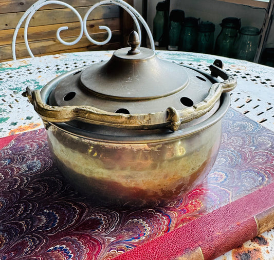 Antique Brass French Cauldron Pot with Ornate Handle | Primitive Copper Kettle