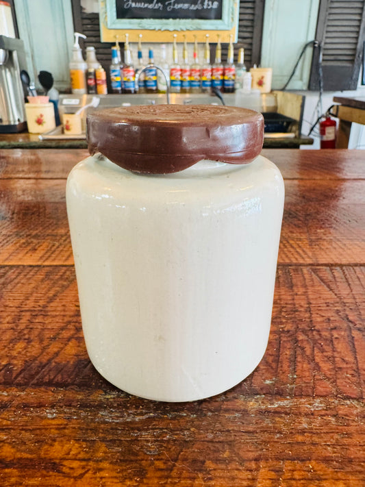 Antique French Cheese Crock – “Tonneaux de Téméraire” Stoneware Jar with Embossed Lid