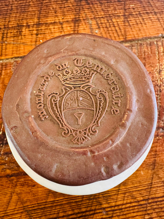 Antique French Cheese Crock – “Tonneaux de Téméraire” Stoneware Jar with Embossed Lid