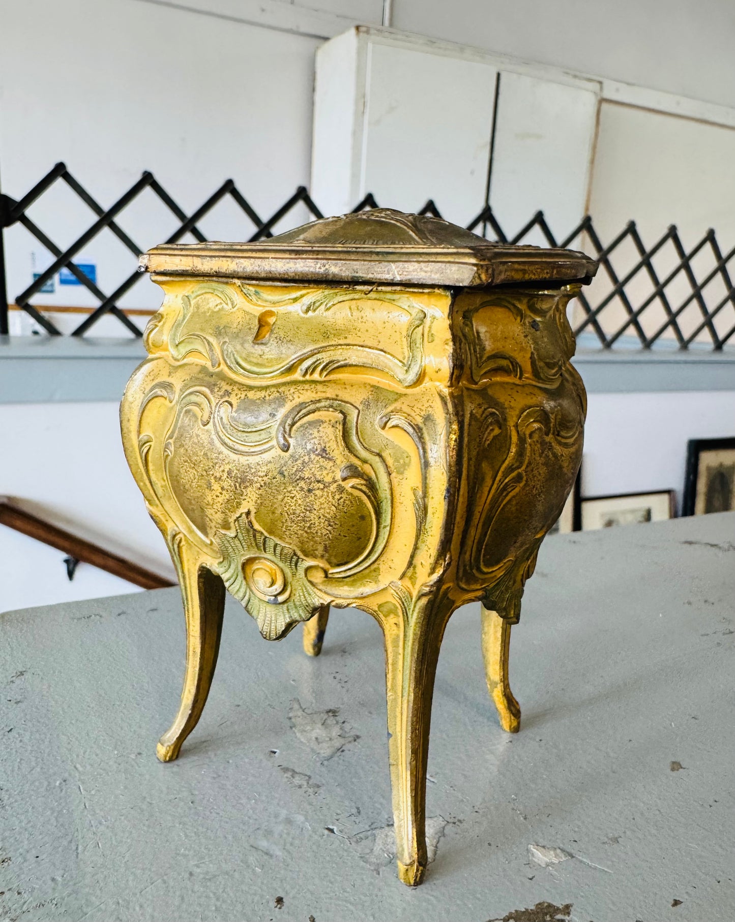 Antique French Ormolu Jewelry Casket – Louis XV Style Yellow Velvet Lined Trinket Box