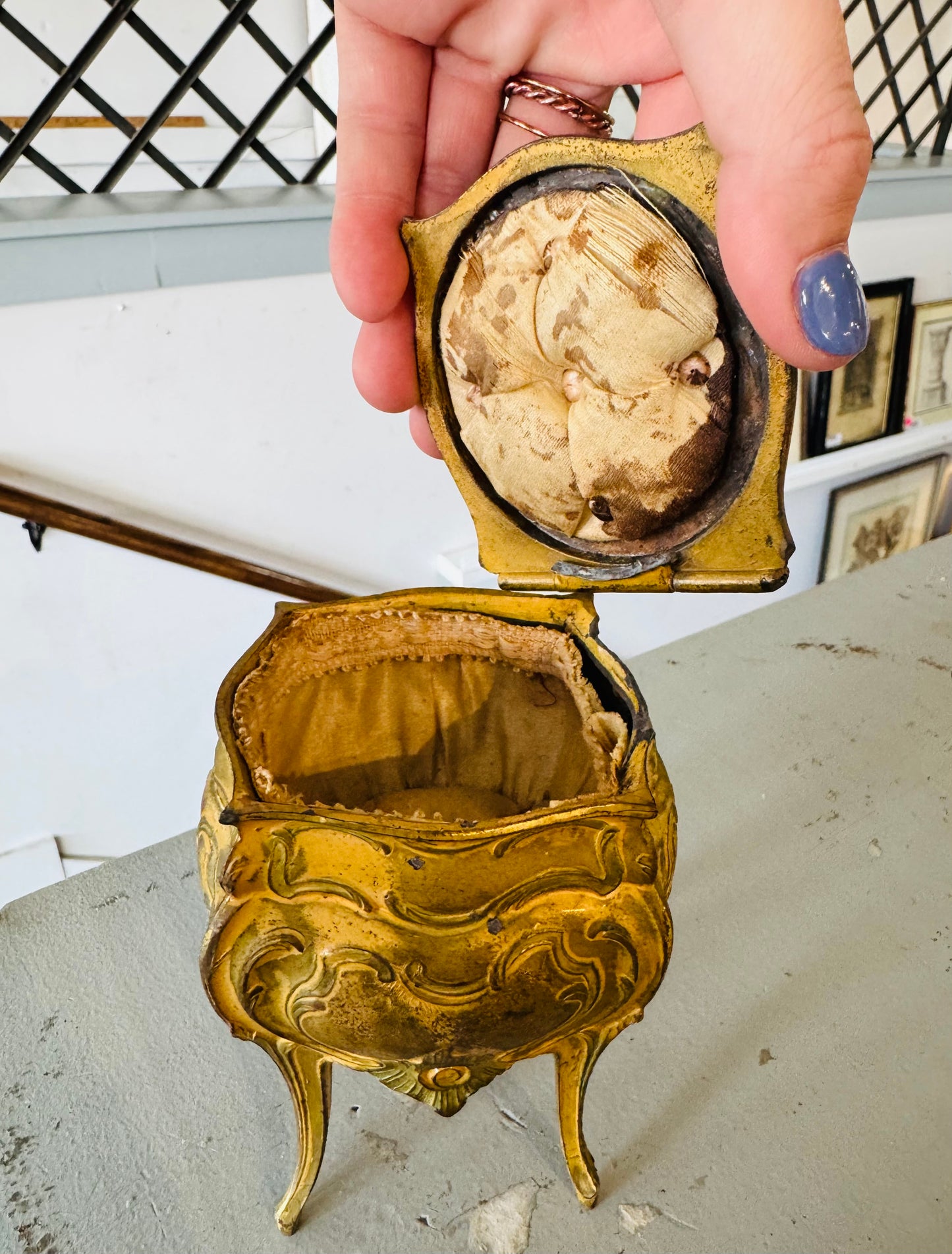 Antique French Ormolu Jewelry Casket – Louis XV Style Yellow Velvet Lined Trinket Box