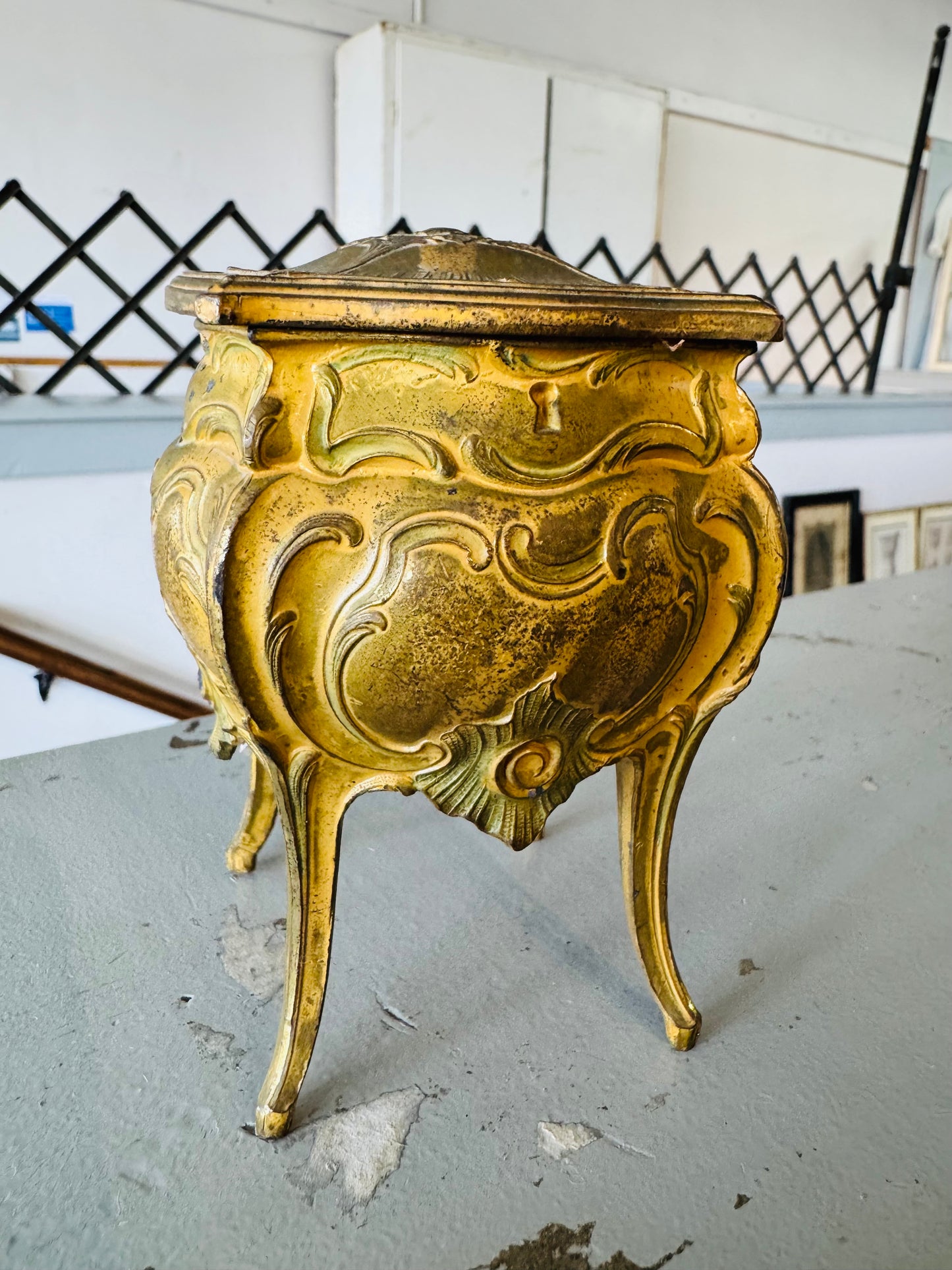 Antique French Ormolu Jewelry Casket – Louis XV Style Yellow Velvet Lined Trinket Box