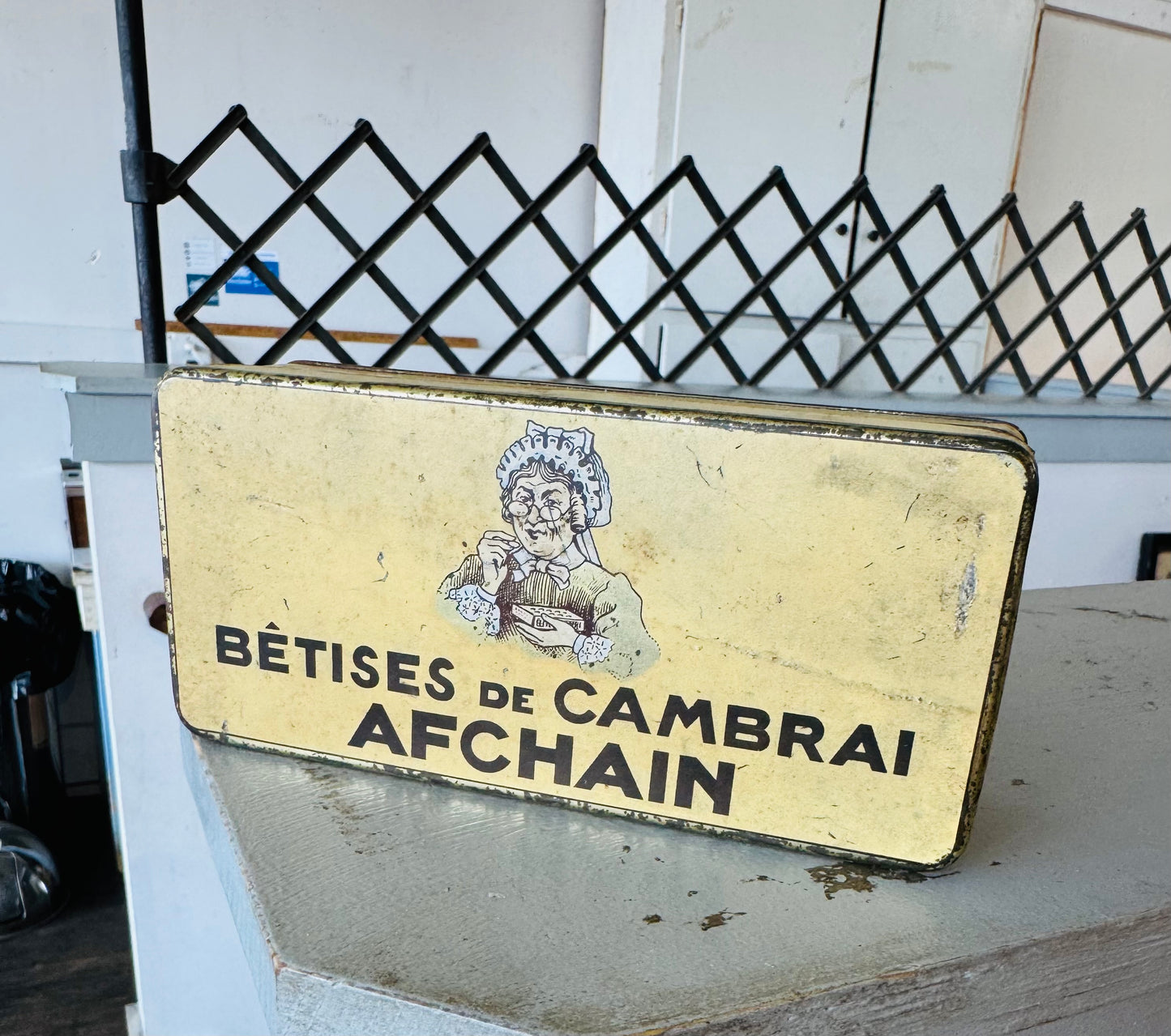 Vintage French Bêtises de Cambrai Candy Tin – Afchain Yellow Advertising Box