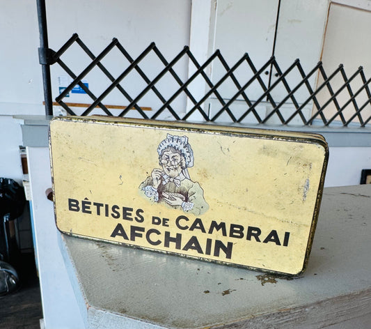 Vintage French Bêtises de Cambrai Candy Tin – Afchain Yellow Advertising Box