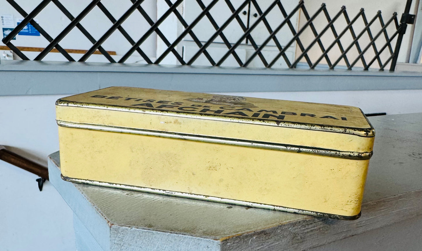 Vintage French Bêtises de Cambrai Candy Tin – Afchain Yellow Advertising Box
