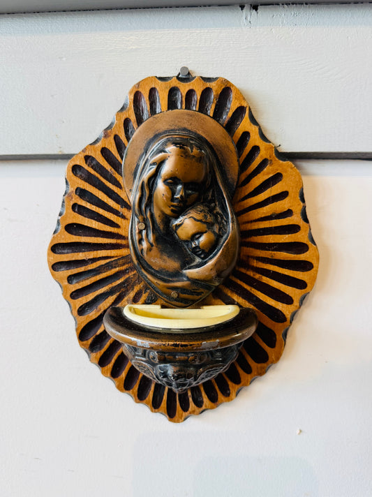 Vintage French Oak Holy Water Font – Madonna and Child Wall Hanging Benitier
