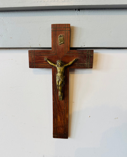 Vintage French Crucifix – Wood and Brass Wall Cross with INRI Plaque