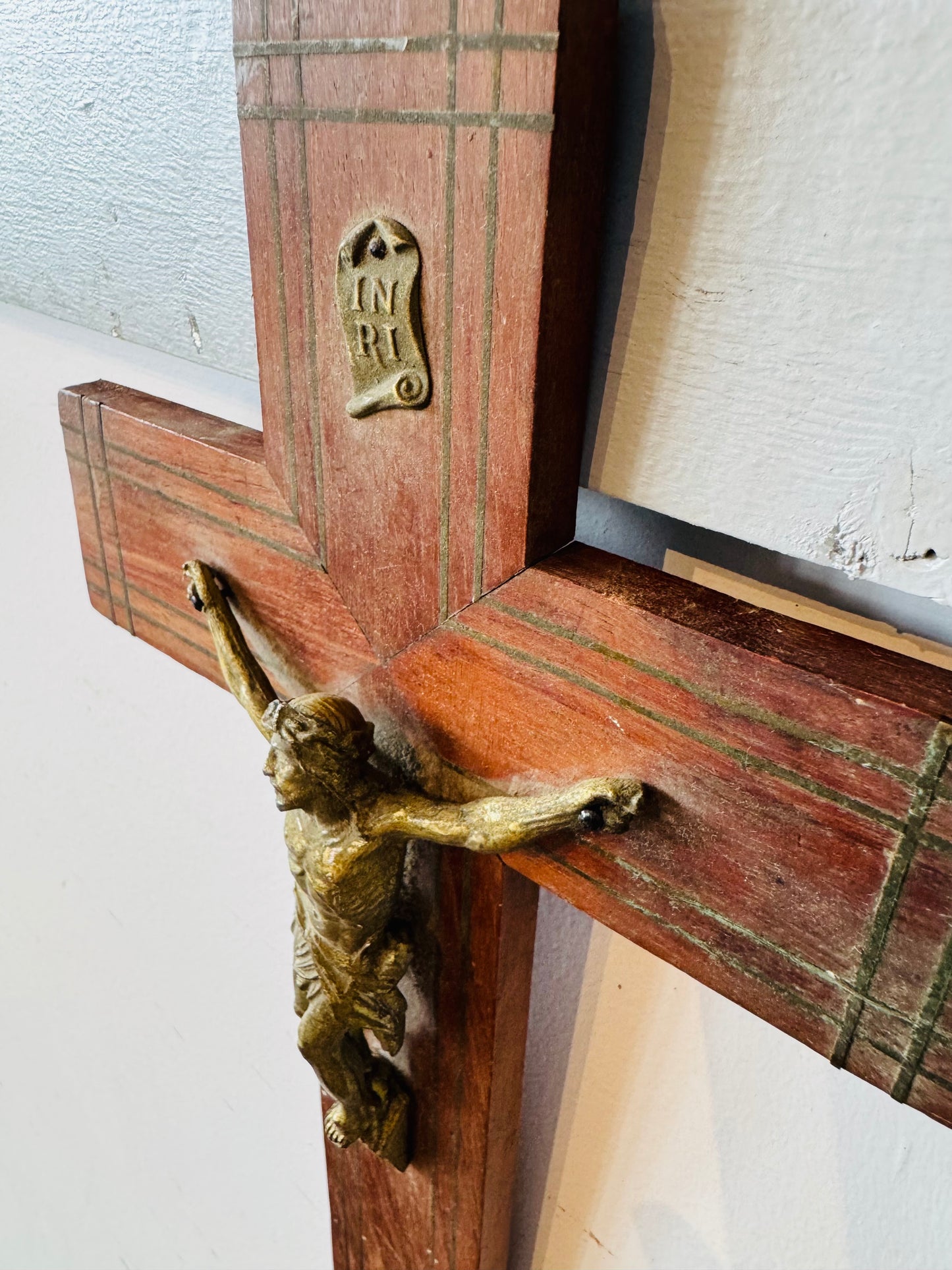 Vintage French Crucifix – Wood and Brass Wall Cross with INRI Plaque