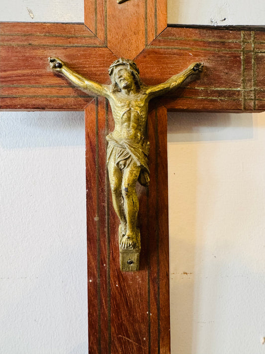 Vintage French Crucifix – Wood and Brass Wall Cross with INRI Plaque