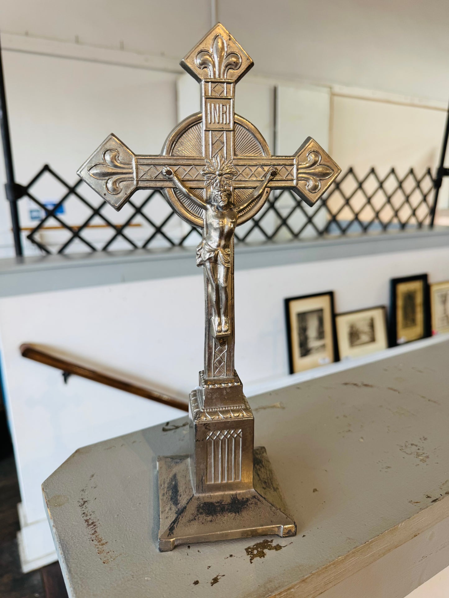 Vintage Silver-Tone LANCO Standing Crucifix with INRI Plaque and Fleur-de-Lis Ends